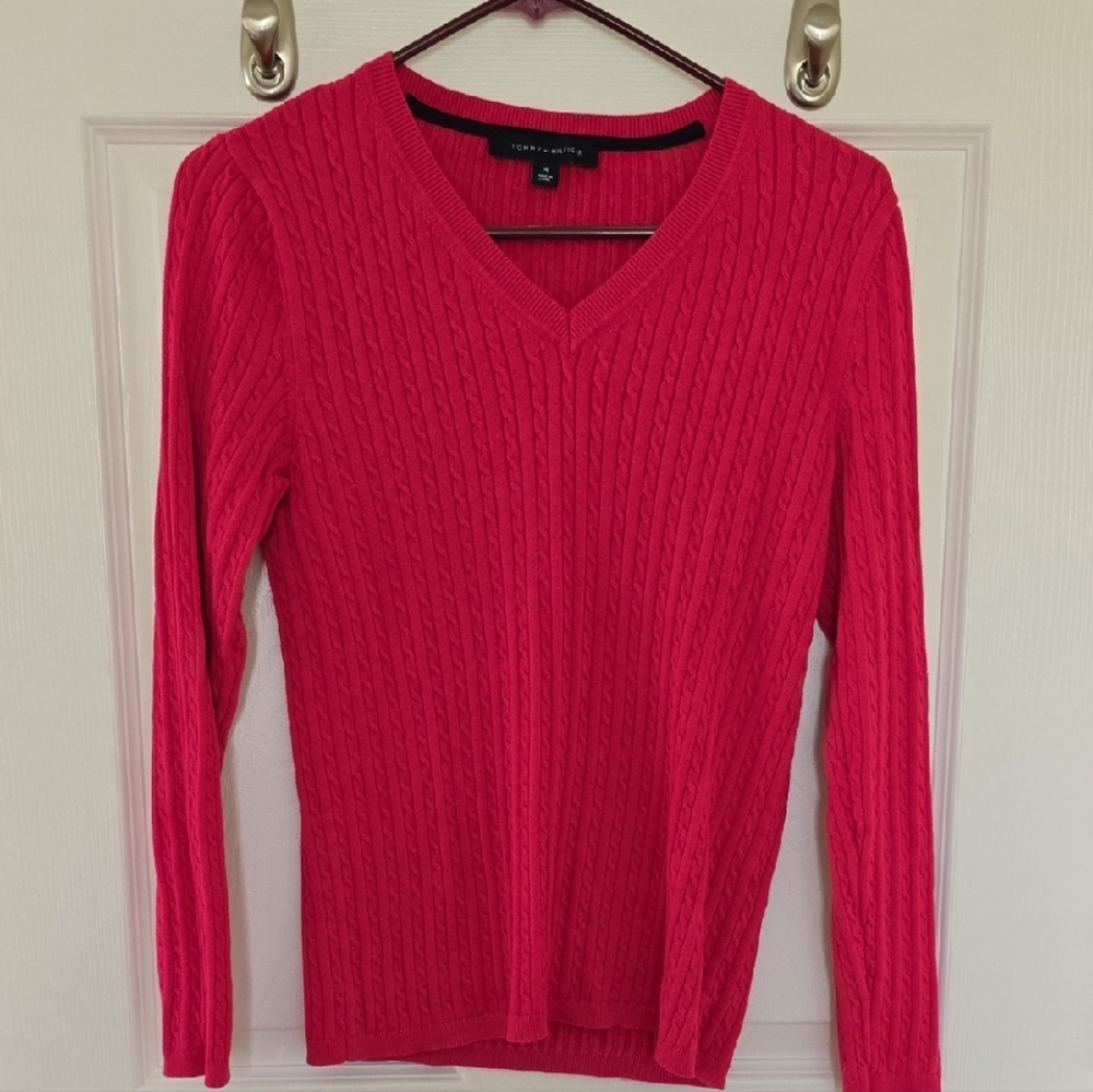 Tommy Hilfiger Hot Pink Cable V-Neck Sweater